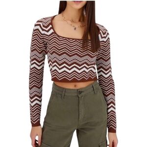 Stradivarius Brown Chevron Knit Square Neck Crop Top Size Small